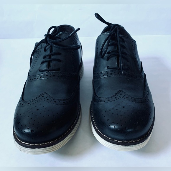 NEW Dune Mens 10 US BAYSIDE BLACK LEATHER WINGTIP WHITE WEDGE SOLE UK 44 - Picture 5 of 11